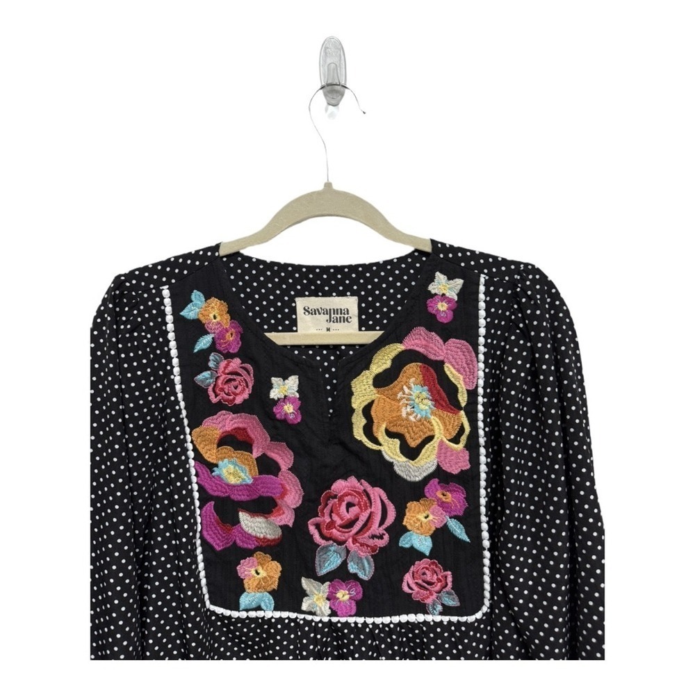 Savanna Jane Polka Dot Embroidered Floral Blouse Long Sleeve Boho Size Medium - Picture 3 of 7